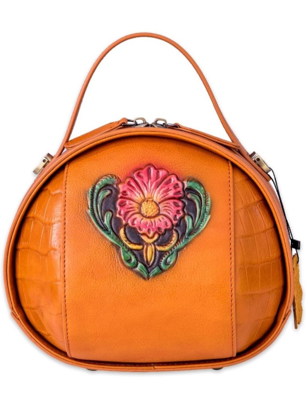Vintage Leather Crossbody Bag for Women - Embossed Flower Design, Structured